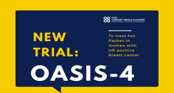 Image of a speech call out with the words 'new trial:  oasis-4. to treat women w